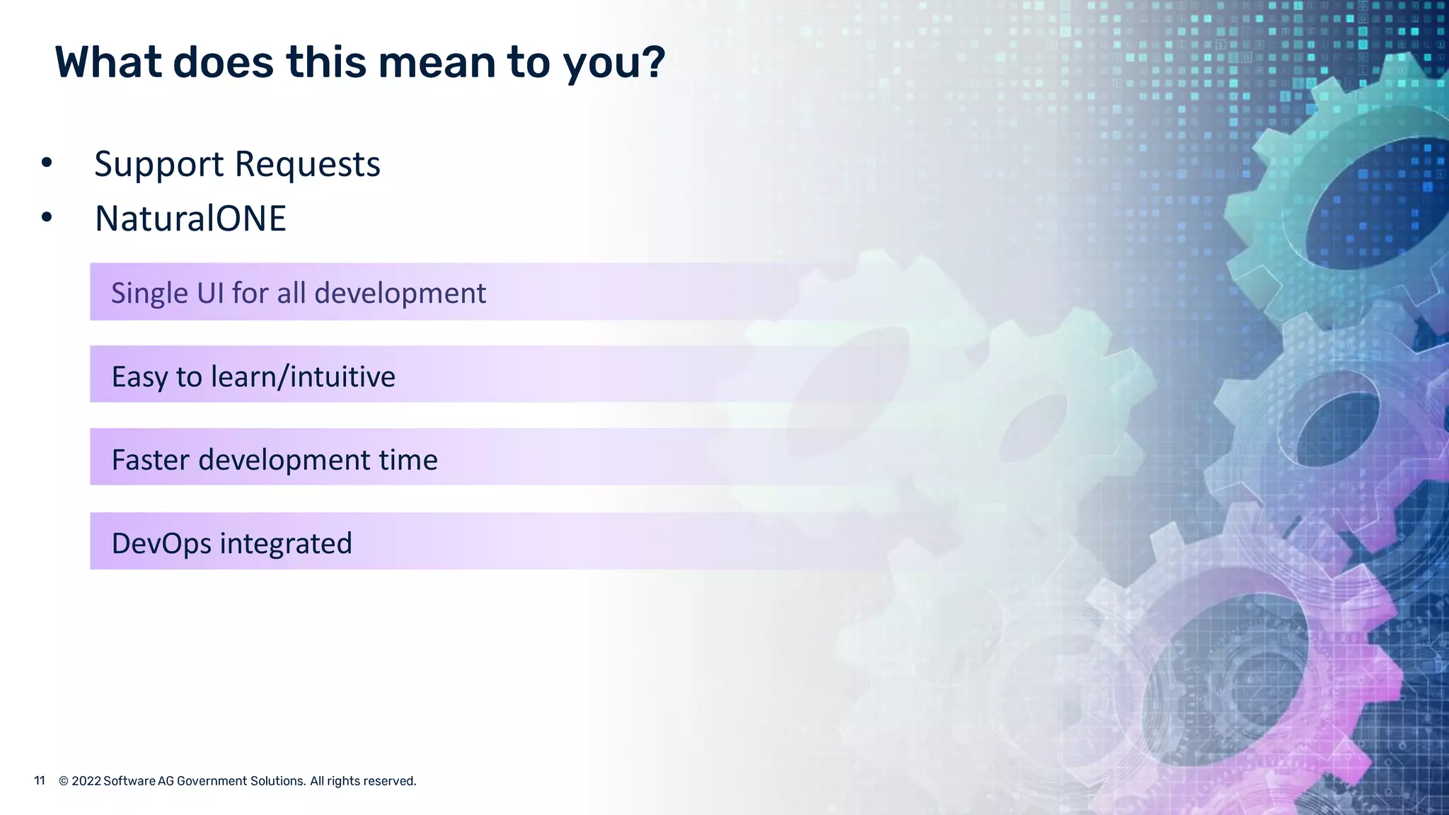 © 2022 Software AG Government Solutions. All rights reserved.
Single UI for all development
Easy to learn/intuitive
Faster development time
DevOps integrated
• Support Requests
• NaturalONE
 