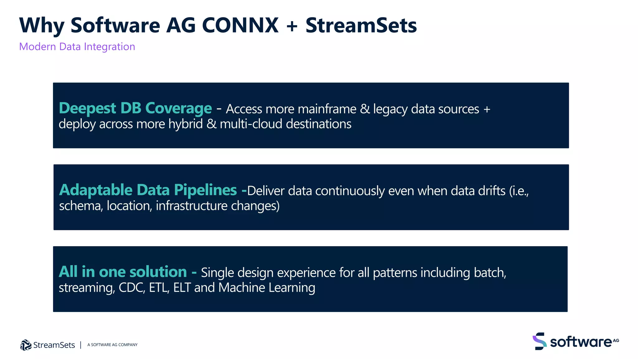 Why Software AG CONNX + StreamSets
Modern Data Integration
Deepest DB Coverage - Access more mainframe & legacy data sources +
deploy across more hybrid & multi-cloud destinations
Adaptable Data Pipelines -Deliver data continuously even when data drifts (i.e.,
schema, location, infrastructure changes)
All in one solution - Single design experience for all patterns including batch,
streaming, CDC, ETL, ELT and Machine Learning
A SOFTWARE AG COMPANY
 