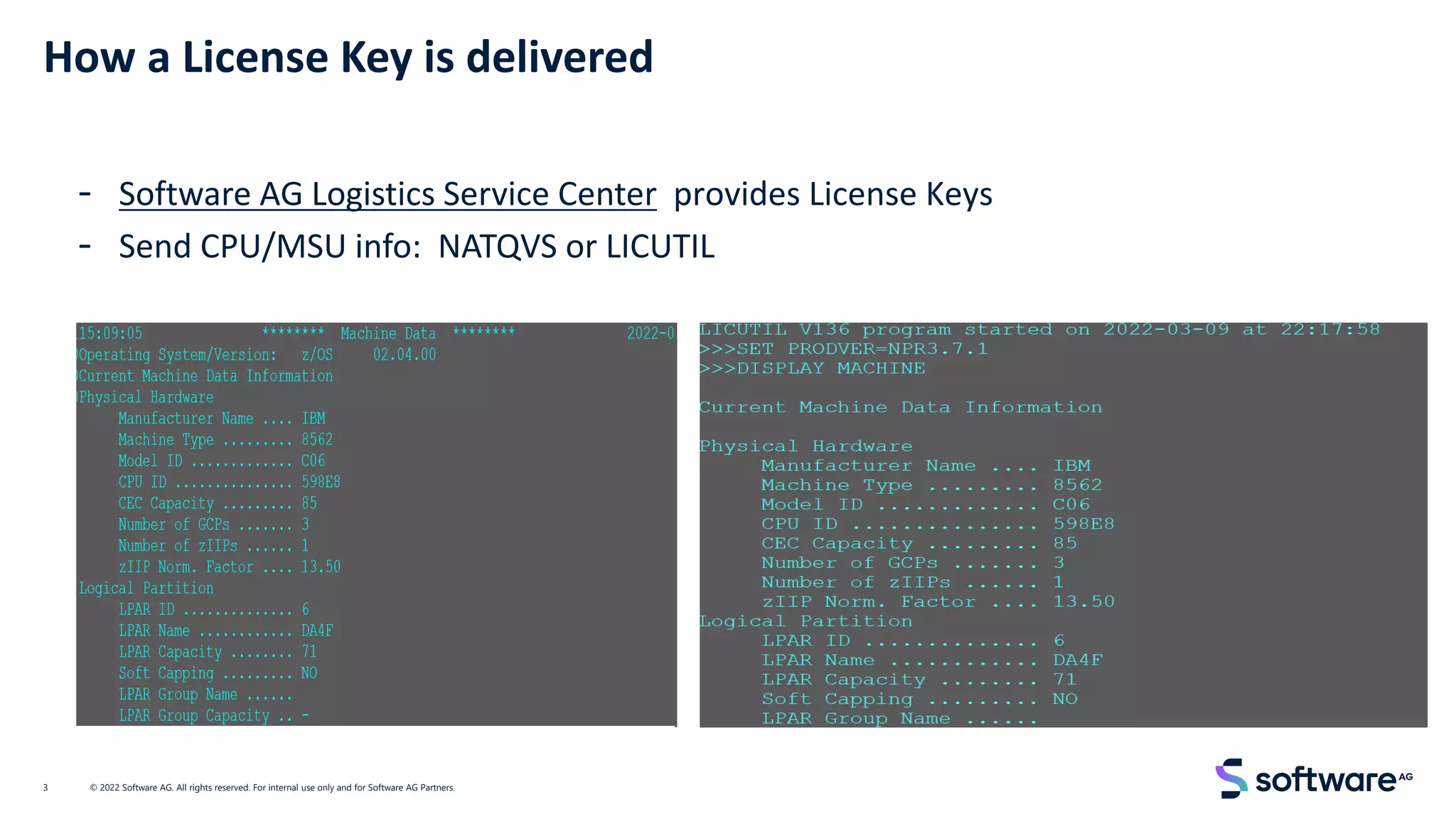 How a License Key is delivered
- Software AG Logistics Service Center provides License Keys
- Send CPU/MSU info: NATQVS or LICUTIL
© 2022 Software AG. All rights reserved. For internal use only and for Software AG Partners.
3
 