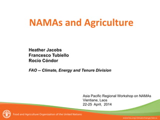 NAMAs	
  and	
  Agriculture	
  
	
  
Heather Jacobs
Francesco Tubiello
Rocío Cóndor
FAO -- Climate, Energy and Tenure Division
Asia Pacific Regional Workshop on NAMAs
Vientiane, Laos
22-25 April, 2014
 