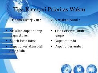 Tiga Kategori PrioritasWaktu 
1. Jangan dikerjakan : 
• Masalah dapat hilang 
tanpa diatasi 
• Sudah kedaluarsa 
• Dapat dikerjakan oleh 
orang lain 
2. Kerjakan Nanti : 
• Tidak disertai jatuh 
tempo 
• Dapat ditunda 
• Dapat diperlambat 
 