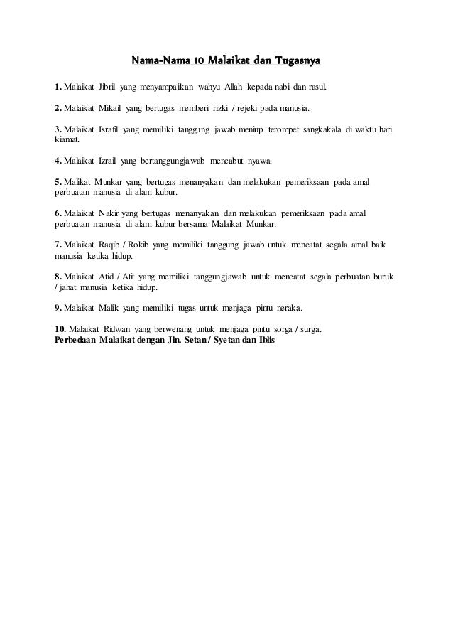 Nama Nama Mailkat Dan Tugasnya