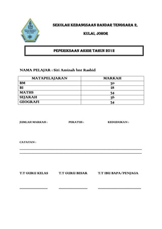 SEKOLAH KEBANGSAAN BANDAR TENGGARA 2,

                                                                                                  KULAI, JOHOR



                                                    PEPERIKSAAN AKHIR TAHUN 2012




NAMA PELAJAR : Siti Aminah bnt Rashid
                  MATAPELAJARAN                                                                                                  MARKAH
BM                                                                                                                                 30
BI                                                                                                                                 28
MATHS                                                                                                                              34
SEJARAH                                                                                                                            36
GEOGRAFI                                                                                                                           34



JUMLAH MARKAH :                                                            PERATUS :                                                    KEDUDUKAN :




CATATAN :

.............................................................................................................................................................................................
.............................................................................................................................................................................................




T.T GURU KELAS                                              T.T GURU BESAR                                               T.T IBU BAPA/PENJAGA


.....................................                       ......................................                       .........................................................
 