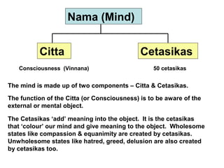 Nama (Mind)


          Citta                              Cetasikas
   Consciousness  (Vinnana)                       50 cetasikas


The mind is made up of two components – Citta & Cetasikas.

The function of the Citta (or Consciousness) is to be aware of the 
external or mental object.

The Cetasikas ‘add’ meaning into the object.  It is the cetasikas 
that ‘colour’ our mind and give meaning to the object.  Wholesome 
states like compassion & equanimity are created by cetasikas.  
Unwholesome states like hatred, greed, delusion are also created 
by cetasikas too.
 