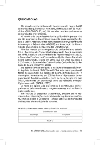 QUILOMBOLAS

    De acordo com levantamento do movimento negro, há 82
comunidades quilombolas no Ceará, distribuídas em 29 muni-
cípios (QUILOMBOLAS, s/d). Há notícias também de inúmeras
comunidades em Fortaleza.
    O número de organizações locais quilombolas parece não
ser tão expressivo. Identiﬁquei somente duas associações lo-
cais, a saber: Associação dos Remanescentes de Quilombos de
Alto Alegre e Adjacências (ARQUA), e a Associação da Comu-
nidade Quilombola de Queimadas (ACOMRQQ).
    Um dos marcos para a organização quilombola no estado
foi o I Encontro de Comunidades Negras do Ceará, realizado
em 1998. Localizei uma entidade de representação estadual,
a Comissão Estadual de Comunidades Quilombolas Rurais do
Ceará (CERQUICE), criada em 2005, que em 2009 realizou o
XIX Encontro Estadual das Comunidades Quilombolas do Es-
tado do Ceará (CONVITE, 2009).
    De acordo com Noleto (s/d), o Instituto de Desenvolvimen-
to Agrário do Ceará (IDACE) e o INCRA informam que são 47
terras de quilombos no estado do Ceará, distribuídas em 17
municípios. No entanto, em 2005 só havia 18 processos de re-
gularização fundiária abertos, cinco destes estavam em fase
inicial, e somente um processo já tinha seu relatório antropo-
lógico concluído (INCRA, 2005).
    A rede de apoio aos quilombos é constituída princi-
palmente pelo movimento negro cearense e as universi-
dades públicas.
    Em relação às pesquisas acadêmicas, existem até o mo-
mento duas dissertações defendidas sobre quilombos no Cea-
rá, em Sociologia e Geograﬁa – ambas sobre as comunidades
de Bastiões, do município de Iracema.


Tabela 3 – Dissertações e teses sobre quilombolas no Ceará.
                               Dissertações e teses
              Sociologia                                  Geograﬁa
                  1                                            1
                                     Total – 2




               NA MATA DO SABIÁ: CONTRIBUIÇÕES SOBRE A PRESENÇA INDÍGENA NO CEARÁ – 47
 
