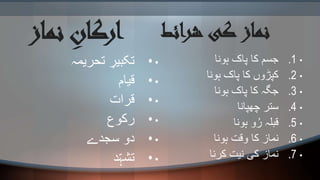 ‫نماز‬ ِ‫ارکان‬
••‫تحریمہ‬ ِ‫تکبیر‬
••‫قیام‬
••‫قرات‬
••‫رکوع‬
••‫سجدے‬ ‫دو‬
••‫د‬ّ‫ہ‬‫تش‬
‫ن‬‫ائط‬‫ر‬‫ش‬ ‫کی‬ ‫ماز‬
•1.‫ہونا‬ ‫پاک‬ ‫کا‬ ‫جسم‬
•2.‫ہونا‬ ‫پاک‬ ‫کا‬ ‫کپڑوں‬
•3.‫ہونا‬ ‫پاک‬ ‫کا‬ ‫جگہ‬
•4.‫چھپانا‬ ‫ستر‬
•5.‫ہونا‬ ‫و‬ُ‫ر‬ ‫قبلہ‬
•6.‫ہونا‬ ‫وقت‬ ‫کا‬ ‫نماز‬
•7.‫نیت‬ ‫کی‬ ‫نماز‬‫کرنا‬
 