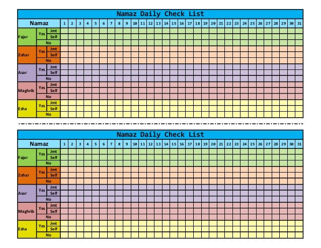 daily namaz check list namaz chart