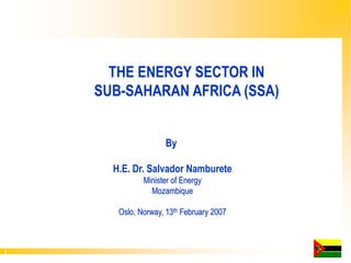 1
THE ENERGY SECTOR IN
SUB-SAHARAN AFRICA (SSA)
By
H.E. Dr. Salvador Namburete
Minister of Energy
Mozambique
Oslo, Norway, 13th February 2007
 