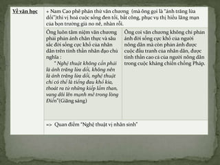 Về văn học

+ Nam Cao phê phán thứ văn chương (mà ông gọi là “ánh trăng lừa
dối”)thi vị hoá cuộc sống đen tối, bất công, phục vụ thị hiếu lãng mạn
của bọn trưởng giả no nê, nhàn rỗi.
Ông luôn tâm niệm văn chương
phải phản ánh chân thực và sâu
sắc đời sống cực khổ của nhân
dân trên tinh thần nhân đạo chủ
nghĩa :
“ Nghệ thuật không cần phải
là ánh trăng lừa dối, không nên
là ánh trăng lừa dối, nghệ thuật
chỉ có thể là tiếng đau khổ kia,
thoát ra từ những kiếp lầm than,
vang dôi lên mạnh mẽ trong lòng
Điền”(Giăng sáng)

Ông coi văn chương không chỉ phản
ánh đời sống cực khổ của người
nông dân mà còn phản ánh được
cuộc đấu tranh của nhân dân, được
tinh thần cao cả của người nông dân
trong cuộc kháng chiến chống Pháp.

=> Quan điểm “Nghệ thuật vị nhân sinh”

 