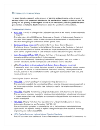 REFERENCEOF STEM EDUCATION
In recent decades, research on the process of learning, and particularly on the process of
learning science, has blossomed. We can use the results of this research to improve both the
quality and the quantity of learning that occurs in our classrooms, producing better-educated
geoscientists and citizens. See the references below for specific recommendations.
On Geoscience Education
AGU, 1995 , Scrutiny of Undergraduate Geoscience Education: Is the Viability of the Geosciences
in Jeopardy?
This is the report of the AGU Chapman Conference on "Scrutiny of Undergraduate Geoscience
Education" which yielded a series of observations and recommendations to help improve the
education of the geological professionals and the general public.
Barstow and Geary, (more info) Revolution in Earth and Space Science Education
The National Science Foundation funded a National Conference on the Revolution in Earth and
Space Science Education to explore the nature and scope of this revolution, and to develop an
action plan for long-term change in Earth and space science education throughout the nation.
Ireton, Manduca and Mogk, 1997 , Shaping the Future of Undergraduate Earth Science Education:
Innovation and Change Using an Earth System Approach
This report,from a workshop convened by the American Geophysical Union, puts forward a
coherent educational plan for undergraduate Earth and space science education.
USRA: Design Guide for Undergraduate Earth System Science Education (more info)
A resource for faculty from multiple disciplines who wish to develop Earth system science courses
or programs: this website includes an extensive collection of exemplary Earth System Science
modules, sections on the scientific framework for Earth System Science and on data, tools, and
models, and much more.
On the Cognate Sciences and Math
NRC, 2005 , America's Lab Report: Investigations in High School Science
This report addresses both the current state and future potential of laboratory experiences in US at
the high school curriculum. It provides clear design principles for the development of laboratory
experiences.
NRC, 2003 , BIO2010: Transforming Undergraduate Education for Future Research Biologists
This new volume provides a blueprint for bringing undergraduate biology education up to the speed
of today s research fast track. It includes recommendations for teaching the next generation of life
science investigators.
NSF, 1996 , Shaping the Future: New Expectations for Undergraduate Education in Science,
Mathematics, Engineering, and Technology (NSF 96-139)
This report provides guidelines for more effective use of the investments made by individuals,
organizations, and agencies seeking to improve undergraduate education in science, technology,
engineering, and mathematics (STEM).
NSTA Teacher Resources: National Science Education Standards
This PDF document from the National Science Teachers Association outlines NSTA's resources for
 
