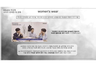 “여성복이 과도하게 몸에 달라붙게 만들어져
여성의 활동성을 제약 시킨다” 고 주장하고있다
women's wear
지나친 가격경쟁, 낮은 마진율, 이미 레드오션이 되어버린 쇼핑몰,모든 여성들의 취향이 각기 다름
남성복과 다르게 미혼,기혼,여성의 사이즈가 구별됨,여성복만 몸 실루엣을 부각시킨다
H라인 스커트 등 기성복 뿐만 아니라 스포츠용 기능성 의류도 몸 라인을 강조함
ex) 미시사이즈66보다, 미혼여성의 66사이즈가 더 작거나,최근 유행하고 있는 레깅스가 있다
이를 통해서‘여성은 말라야 한다’ 라는 고정관념을 충분히 강화 시킬 수 있다
ISSUES 여성복
사이즈 문제점 및 문화
 