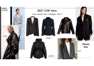 2021 F/W Item
Outer
Coat, Jacket, Suit, Cardigan, Shirt ···
Classic
line
Suit
Jacket
Coat
jumper
 