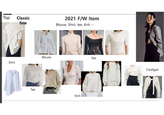 2021 F/W Item
Blouse, Shirt, tee, Knit ···
Top
Blouse
Shirt
Tee
Knit
Cardigan
Tee
Classic
line
 
