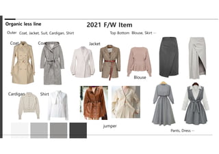 2021 F/W Item
Blouse, Skirt ···
Coat, Jacket, Suit, Cardigan, Shirt
Outer Top Bottom
Pants, Dress ···
Organic less line
Coat Coat
Blouse
Jacket
jumper
Cardigan Shirt
 