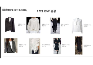 2021 F/W 품평
최종진행상품(메인생산상품)
제품번호:#100
평균:36
제품번호:#101
평균:34
제품번호:#105
평균:34
제품번호:#110
평균:34
제품번호:#107
평균:36
제품번호:#111
평균:38
제품번호:#113
평균:36
제품번호:#120
평균:34
 