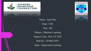 Name : Ayan Das
Dept : CSE
Year : 4th
Subject : Machine Learning
Subject Code : PEC CS 701E
Roll No : 25300121057
Topic : Supervised Learning
 
