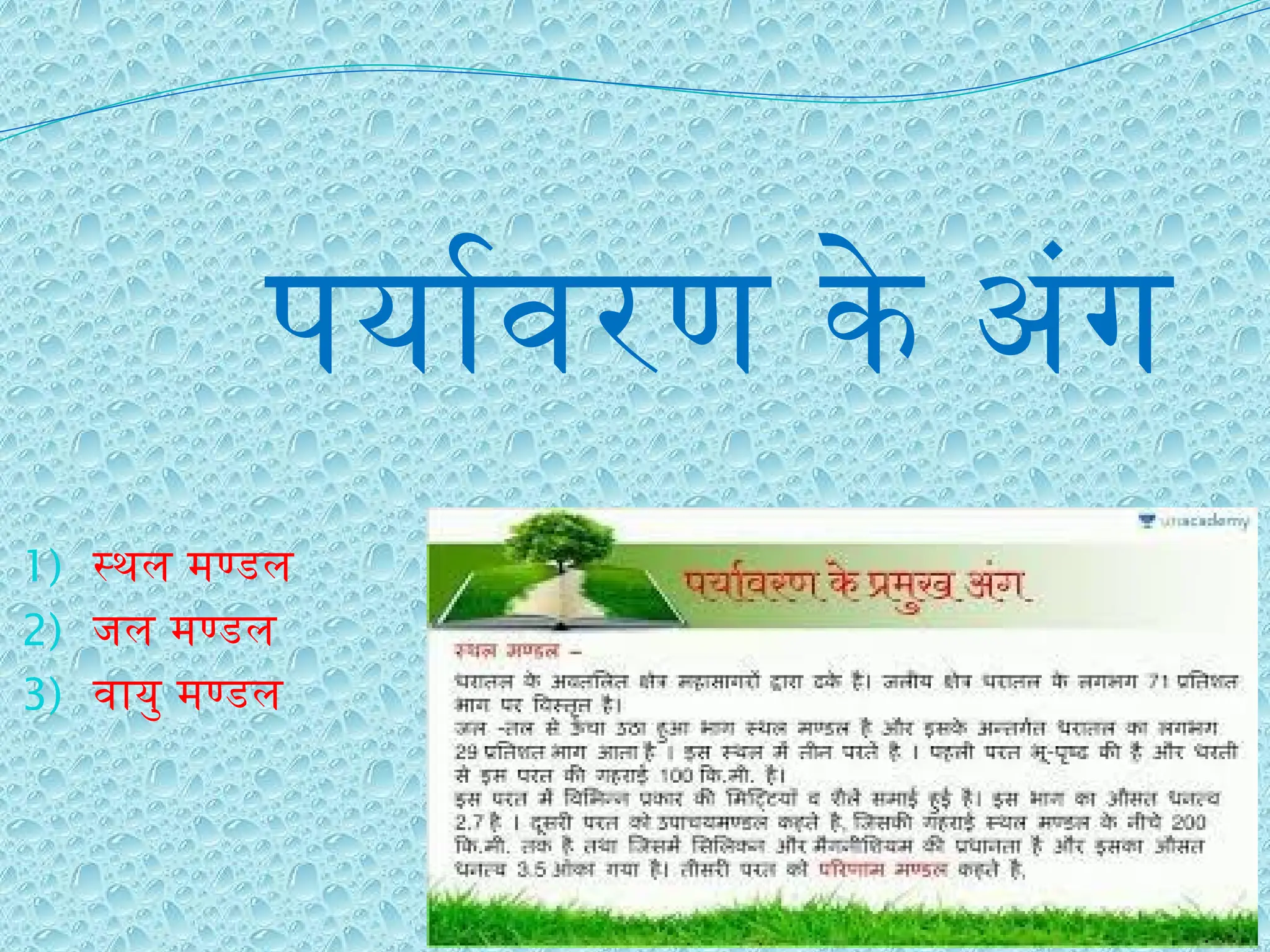 पर्यावरण के अंग
1) स्थल मण्डल
2) जल मण्डल
3) वायु मण्डल
 