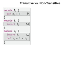 Transitive vs. Non-Transitive
module A1 {
def z1 = 5
}
module B1 {
import A2
}
module C1 {
import B2
def x1 = 1 + z2
}
SA
SB
SC
 