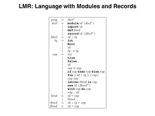 LMR: Language with Modules and Records
prog = decl⇤
decl = module id {decl⇤
}
| import id
| def bind
| record id {fdecl⇤
}
fdecl = id : ty
ty = Int
| Bool
| id
| ty ! ty
exp = int
| true
| false
| id
| exp exp
| if exp then exp else exp
| fun ( id : ty ) {exp}
| exp exp
| letrec tbind in exp
| new id {fbind⇤
}
| with exp do exp
| exp . id
bind = id = exp
| tbind
tbind = id : ty = exp
fbind = id = exp
Figure 5. Syntax of LMR.
[[ds]]prog :=
[[module xi {ds}]]decl
s :=
[[import xi]]decl
s :=
[[def b]]decl
s :=
[[record xi {fs}]]decl
s :=
[[xi = e]]bind
s :=
[[xi : t = e]]bind
s :=
[[xi:t]]fdecl
sr,sd
:=
[[Int]]ty
s,t :=
[[Bool]]ty
s,t :=
[[t1 ! t2]]ty
s,t :=
[[xi]]ty
s,t :=
[[fun (xi:t1){e}]]exp
s,t :=
 