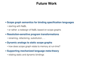 Future Work
• Scope graph semantics for binding speciﬁcation languages
- starting with NaBL
- or rather: a redesign of NaBL based on scope graphs
• Resolution-sensitive program transformations
- renaming, refactoring, substitution, …
• Dynamic analogs to static scope graphs
- how does scope graph relate to memory at run-time?
• Supporting mechanized language meta-theory
- relating static and dynamic bindings
 