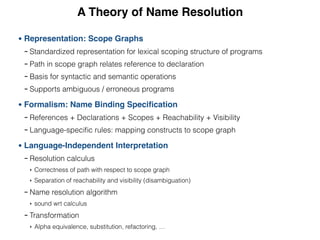 A Theory of Name Resolution
• Representation: Scope Graphs
- Standardized representation for lexical scoping structure of programs
- Path in scope graph relates reference to declaration
- Basis for syntactic and semantic operations
- Supports ambiguous / erroneous programs
• Formalism: Name Binding Speciﬁcation
- References + Declarations + Scopes + Reachability + Visibility
- Language-speciﬁc rules: mapping constructs to scope graph
• Language-Independent Interpretation
- Resolution calculus
‣ Correctness of path with respect to scope graph
‣ Separation of reachability and visibility (disambiguation)
- Name resolution algorithm
‣ sound wrt calculus
- Transformation
‣ Alpha equivalence, substitution, refactoring, …
 