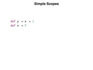 Simple Scopes
def y1 = x2 + 1
def x1 = 5
 