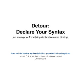 Detour:
Declare Your Syntax
(an analogy for formalizing declarative name binding)
Pure and declarative syntax deﬁnition: paradise lost and regained
Lennart C. L. Kats, Eelco Visser, Guido Wachsmuth
Onward 2010
 