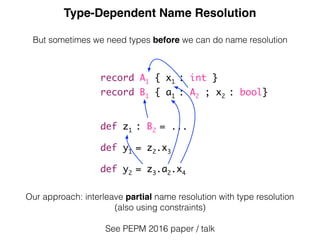 Type-Dependent Name Resolution
But sometimes we need types before we can do name resolution
record A1 { x1 : int }
record ...