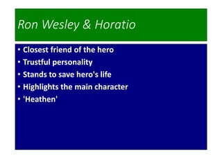 Ron Wesley & Horatio
• Closest friend of the hero
• Trustful personality
• Stands to save hero's life
• Highlights the main character
• 'Heathen'
 