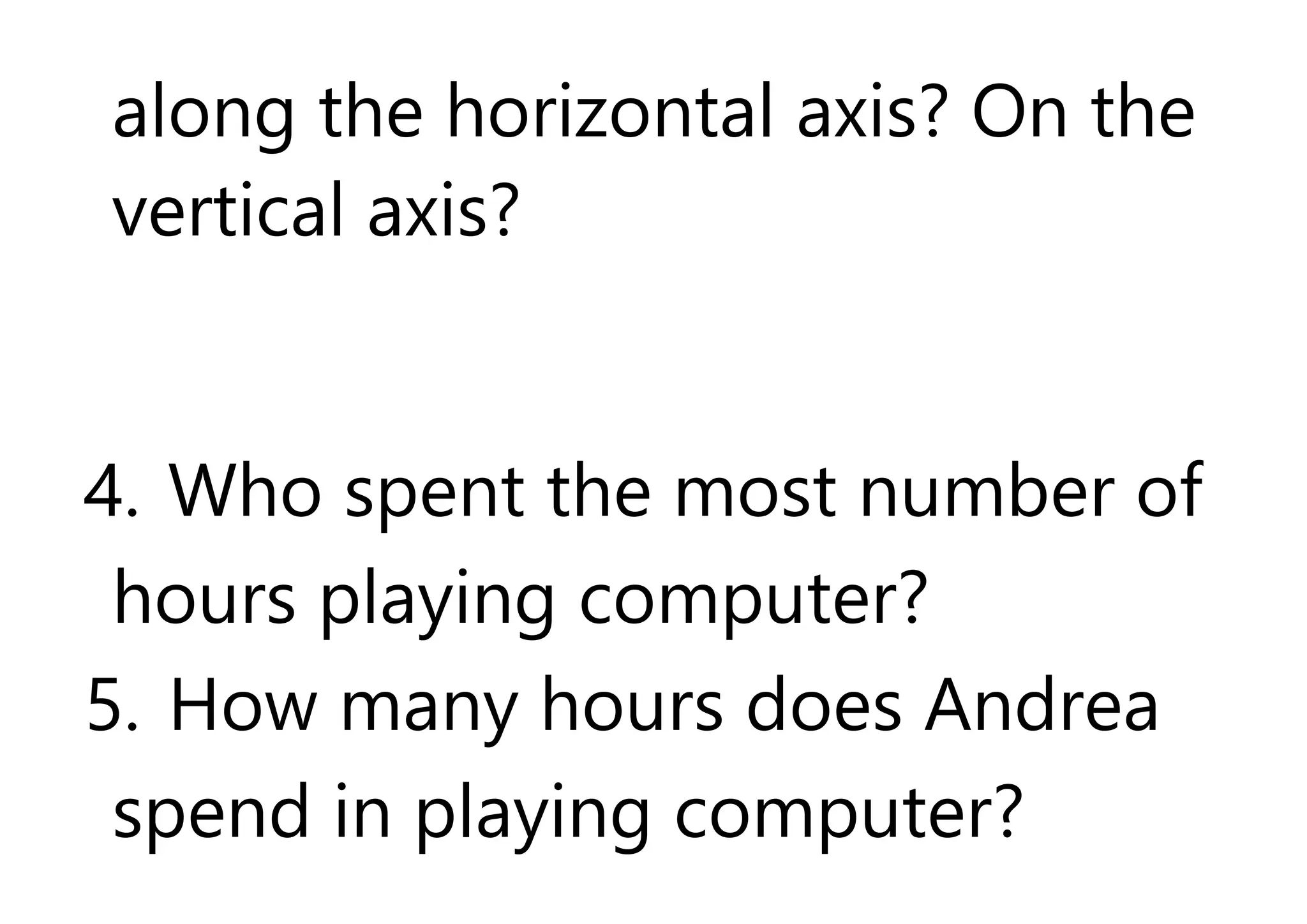 along the horizontal axis? On the
vertical axis?
4. Who spent the most number of
hours playing computer?
5. How many hours does Andrea
spend in playing computer?
 