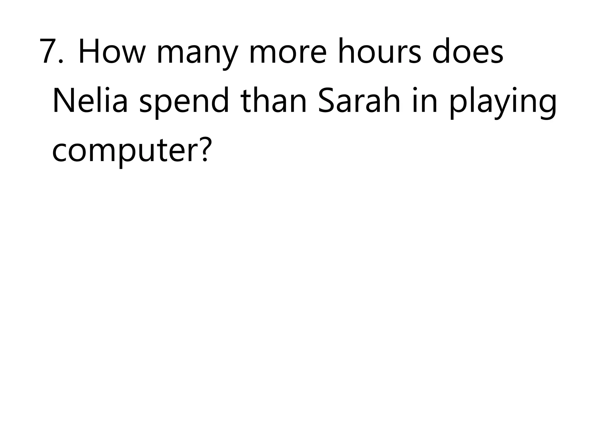 7. How many more hours does
Nelia spend than Sarah in playing
computer?
 