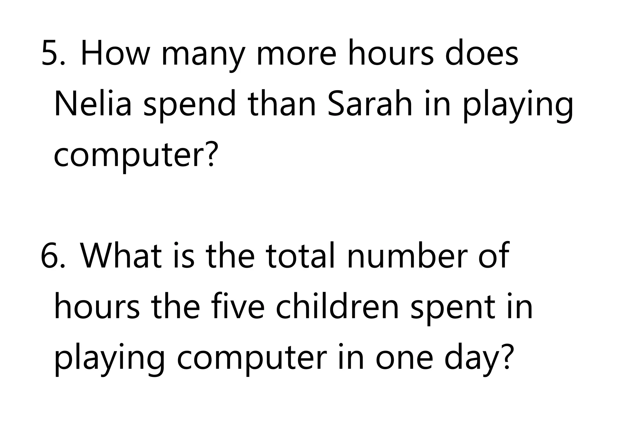 5. How many more hours does
Nelia spend than Sarah in playing
computer?
6. What is the total number of
hours the five children spent in
playing computer in one day?
 