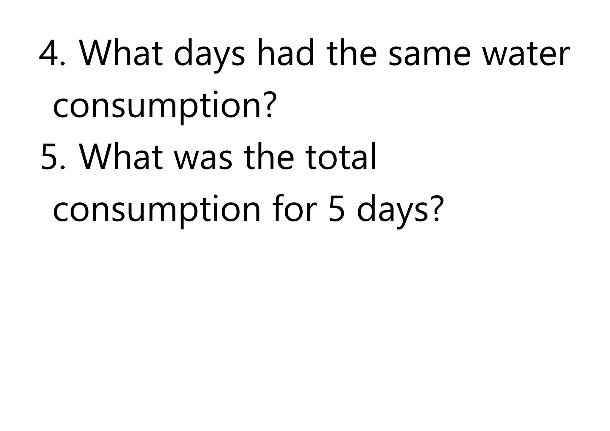 4. What days had the same water
consumption?
5. What was the total
consumption for 5 days?
 