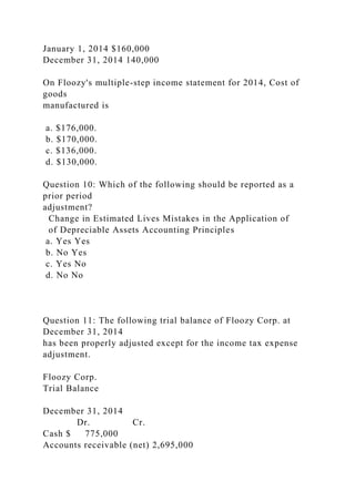 January 1, 2014 $160,000
December 31, 2014 140,000
On Floozy's multiple-step income statement for 2014, Cost of
goods
manufactured is
a. $176,000.
b. $170,000.
c. $136,000.
d. $130,000.
Question 10: Which of the following should be reported as a
prior period
adjustment?
Change in Estimated Lives Mistakes in the Application of
of Depreciable Assets Accounting Principles
a. Yes Yes
b. No Yes
c. Yes No
d. No No
Question 11: The following trial balance of Floozy Corp. at
December 31, 2014
has been properly adjusted except for the income tax expense
adjustment.
Floozy Corp.
Trial Balance
December 31, 2014
Dr. Cr.
Cash $ 775,000
Accounts receivable (net) 2,695,000
 