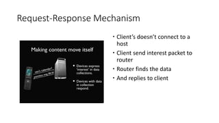 Request-Response Mechanism
 Client’s doesn’t connect to a
host
 Client send interest packet to
router
 Router finds the data
 And replies to client
 