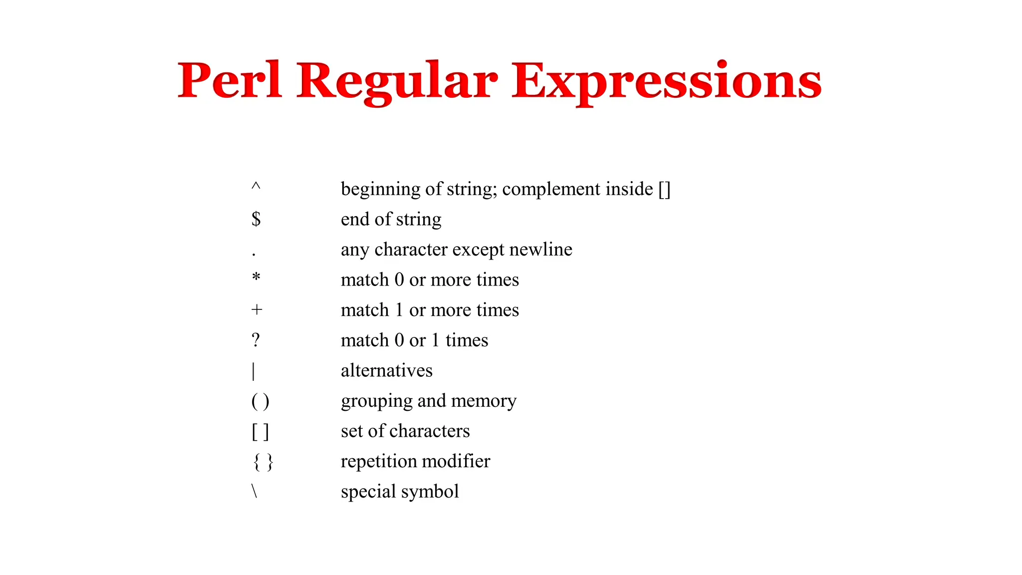 Perl Regular Expressions
^ beginning of string; complement inside []
$ end of string
. any character except newline
* match 0 or more times
+ match 1 or more times
? match 0 or 1 times
| alternatives
( ) grouping and memory
[ ] set of characters
{ } repetition modifier
 special symbol
 