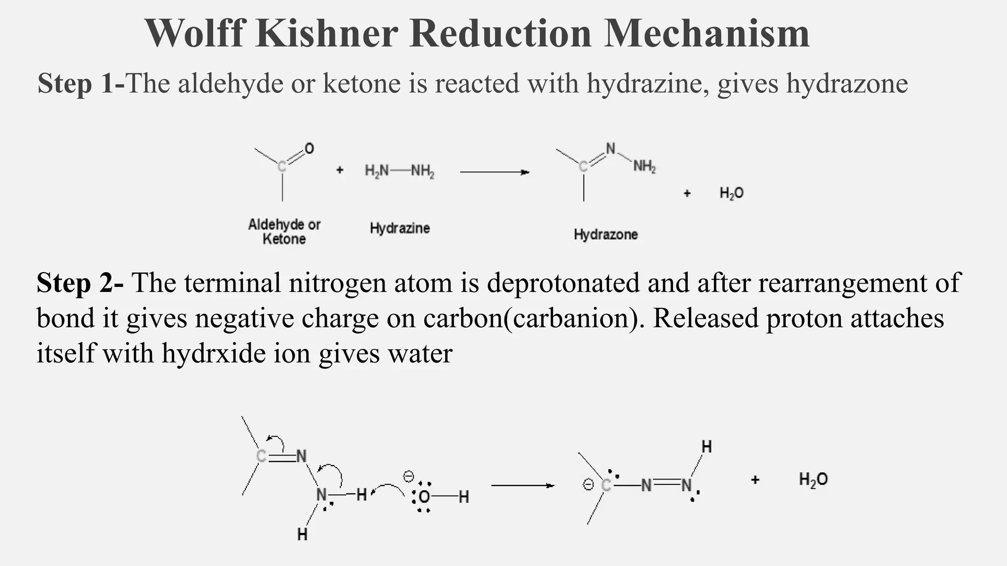 Wolff Kishner Reduction Mechanism
Step 1-The aldehyde or ketone is reacted with hydrazine, gives hydrazone
Step 2- The terminal nitrogen atom is deprotonated and after rearrangement of
bond it gives negative charge on carbon(carbanion). Released proton attaches
itself with hydrxide ion gives water
 