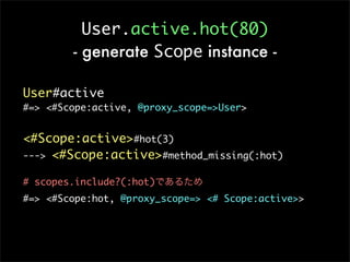 User.active.hot(80)
        - generate Scope instance -

User#active
#=> <#Scope:active, @proxy_scope=>User>


<#Scope:active>#hot(3)
---> <#Scope:active>#method_missing(:hot)

# scopes.include?(:hot)であるため
#=> <#Scope:hot, @proxy_scope=> <# Scope:active>>
 