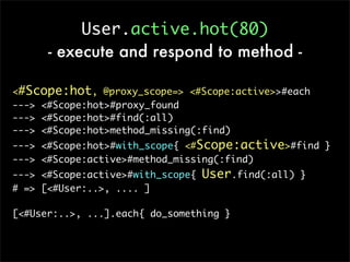 User.active.hot(80)
      - execute and respond to method -

<#Scope:hot, @proxy_scope=> <#Scope:active>>#each
---> <#Scope:hot>#proxy_found
---> <#Scope:hot>#find(:all)
---> <#Scope:hot>method_missing(:find)
---> <#Scope:hot>#with_scope{ <#Scope:active>#find }
---> <#Scope:active>#method_missing(:find)
---> <#Scope:active>#with_scope{   User.find(:all)   }
# => [<#User:..>, .... ]

[<#User:..>, ...].each{ do_something }
 