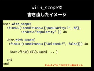 with_scopeで
             書き直したイメージ
User.with_scope(
  :find=>{:conditions=>[”popularity>?”, 80],
          :order=>”popularity” }) do

  User.with_scope(
   :find=>{:conditons=>[“deleted=?”, false]}) do

   User.find(:all).each{ ... }

  end
end                    Rails2.xではこのままでは動きません
 