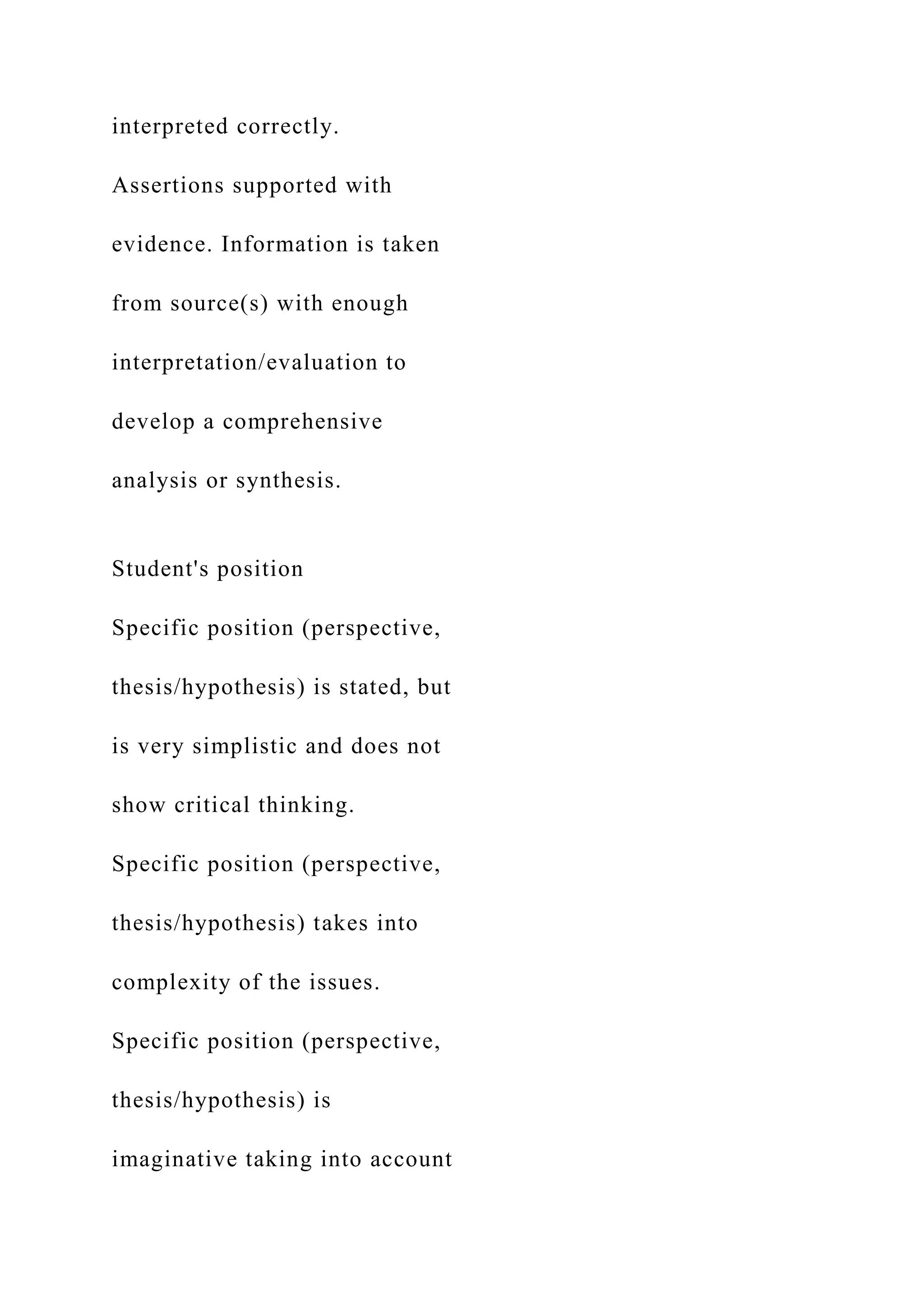 interpreted correctly.
Assertions supported with
evidence. Information is taken
from source(s) with enough
interpretation/evaluation to
develop a comprehensive
analysis or synthesis.
Student's position
Specific position (perspective,
thesis/hypothesis) is stated, but
is very simplistic and does not
show critical thinking.
Specific position (perspective,
thesis/hypothesis) takes into
complexity of the issues.
Specific position (perspective,
thesis/hypothesis) is
imaginative taking into account
 