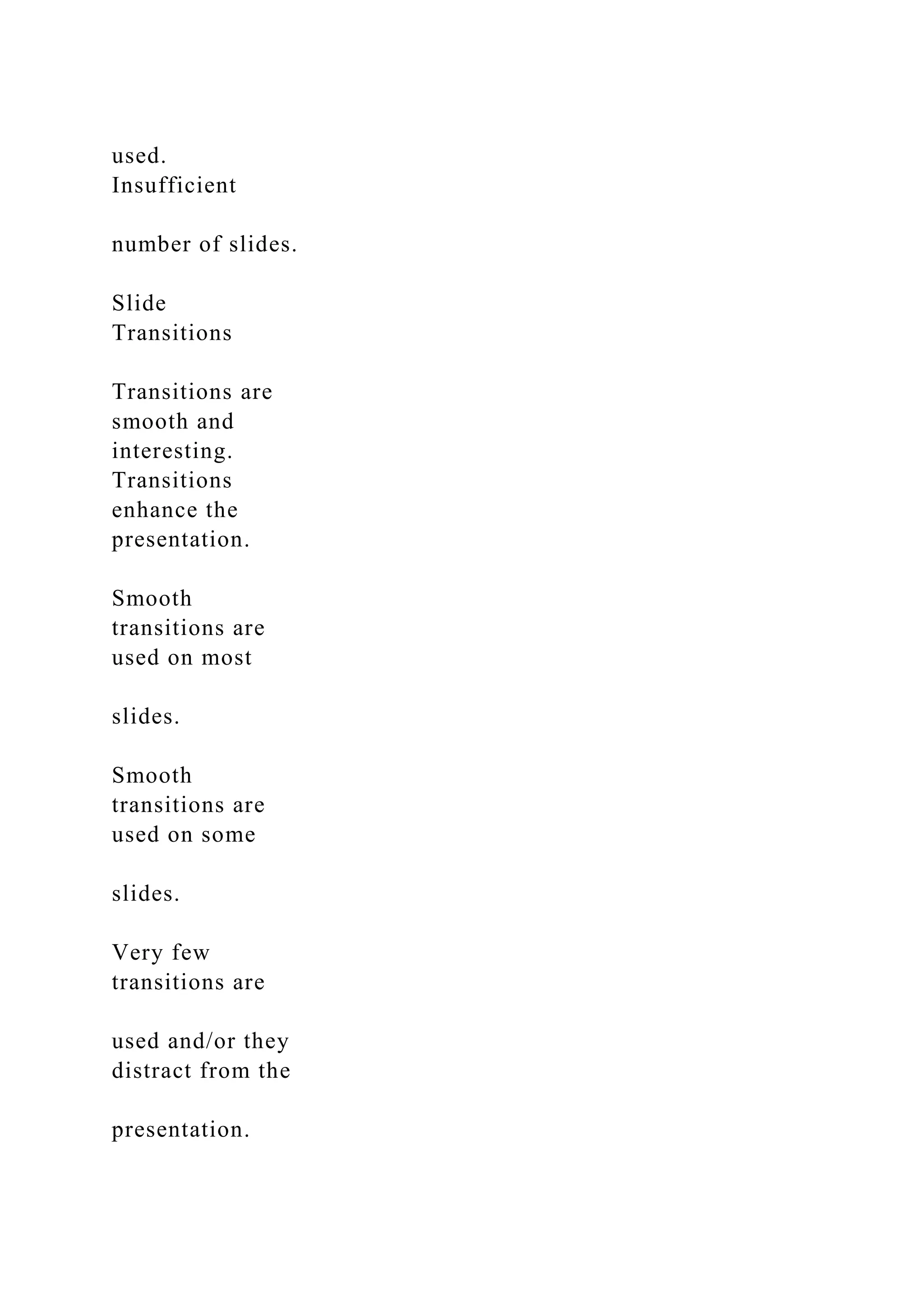 used.
Insufficient
number of slides.
Slide
Transitions
Transitions are
smooth and
interesting.
Transitions
enhance the
presentation.
Smooth
transitions are
used on most
slides.
Smooth
transitions are
used on some
slides.
Very few
transitions are
used and/or they
distract from the
presentation.
 