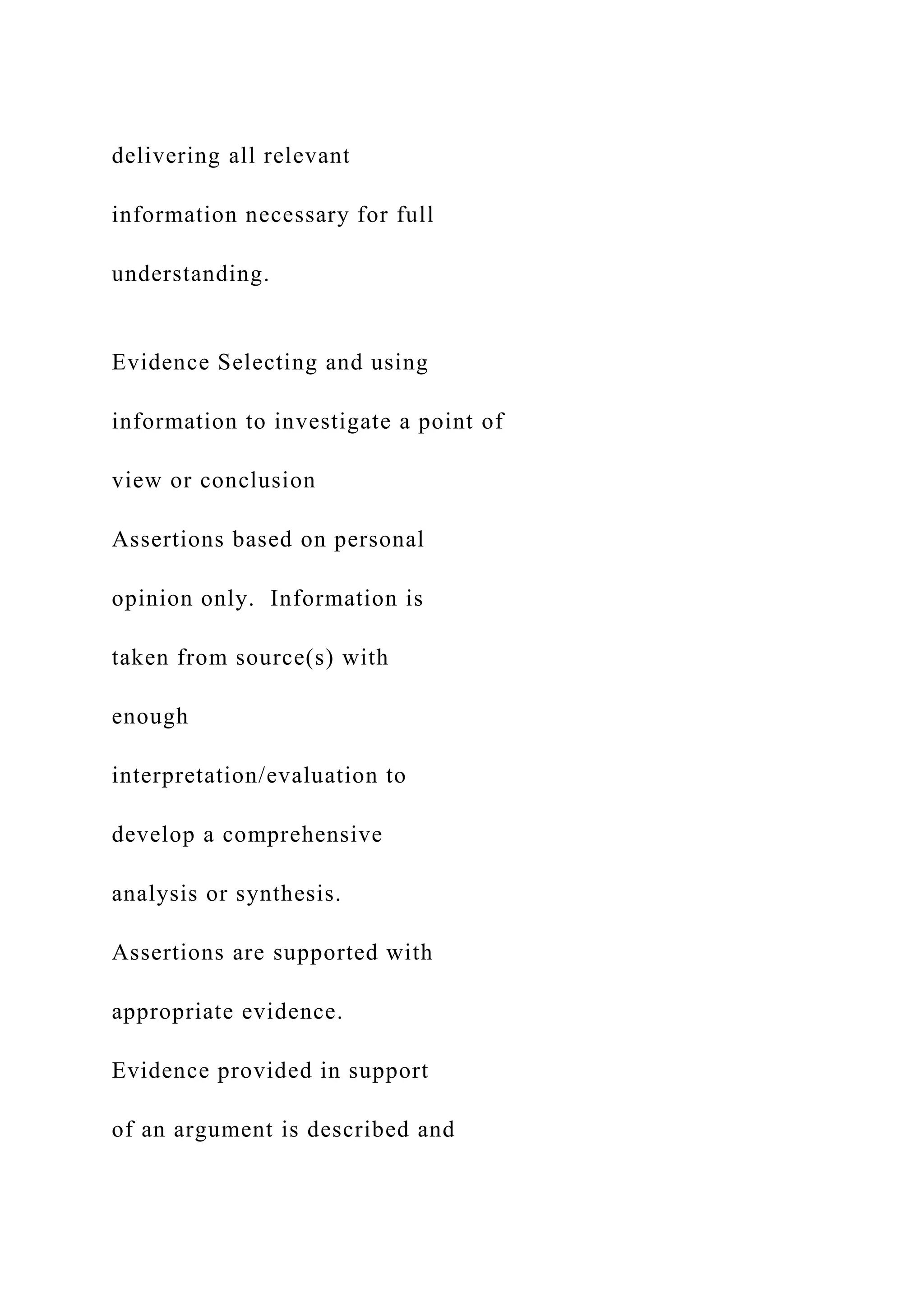 delivering all relevant
information necessary for full
understanding.
Evidence Selecting and using
information to investigate a point of
view or conclusion
Assertions based on personal
opinion only. Information is
taken from source(s) with
enough
interpretation/evaluation to
develop a comprehensive
analysis or synthesis.
Assertions are supported with
appropriate evidence.
Evidence provided in support
of an argument is described and
 