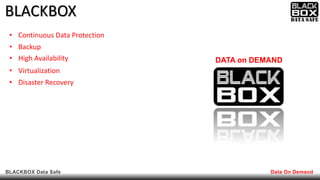 BLACKBOX Data Safe Data On Demand
BLACKBOX
DATA on DEMAND
• Continuous Data Protection
• Backup
• High Availability
• Virtualization
• Disaster Recovery
 