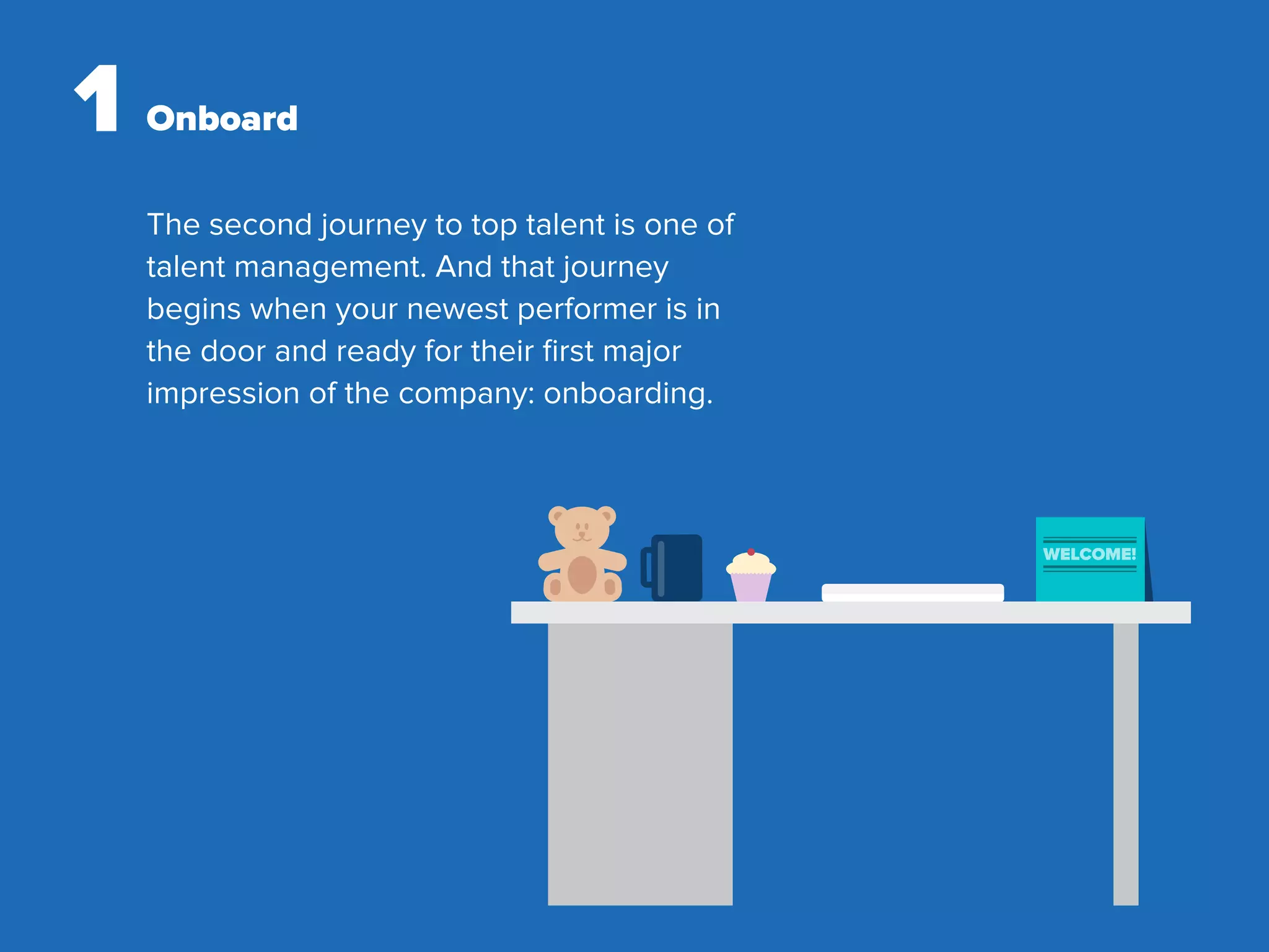 1 Onboard
The second journey to top talent is one of
talent management. And that journey
begins when your newest performer is in
the door and ready for their ﬁrst major
impression of the company: onboarding.
WELCOME!
 