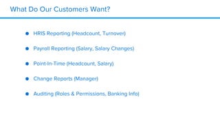 What Do Our Customers Want?
● HRIS Reporting (Headcount, Turnover)
● Payroll Reporting (Salary, Salary Changes)
● Point-In-Time (Headcount, Salary)
● Change Reports (Manager)
● Auditing (Roles & Permissions, Banking Info)
 