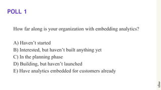 POLL 1
How far along is your organization with embedding analytics?
A) Haven’t started
B) Interested, but haven’t built anything yet
C) In the planning phase
D) Building, but haven’t launched
E) Have analytics embedded for customers already
 
