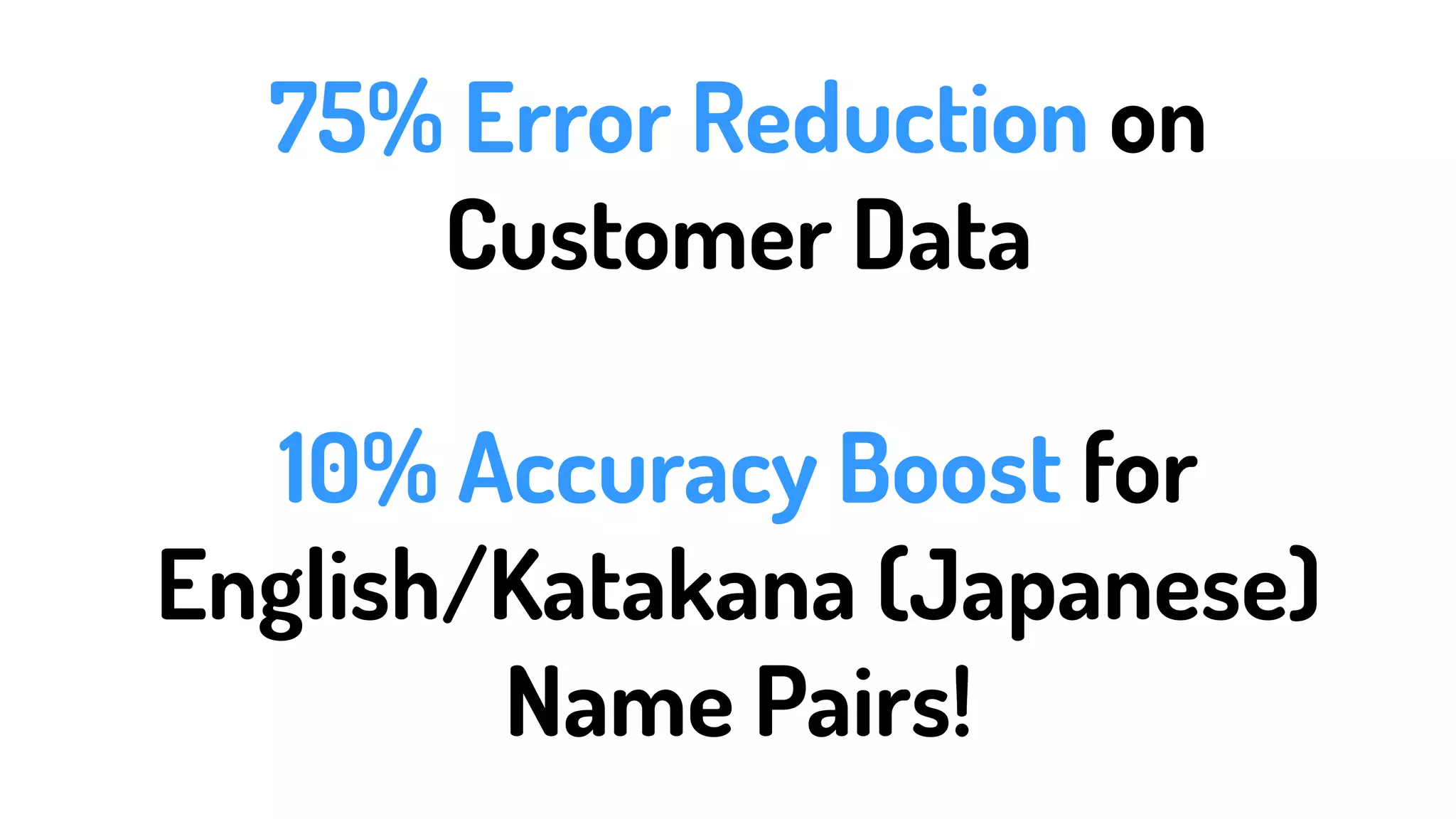 75% Error Reduction on
Customer Data
10% Accuracy Boost for
English/Katakana (Japanese)
Name Pairs!
 