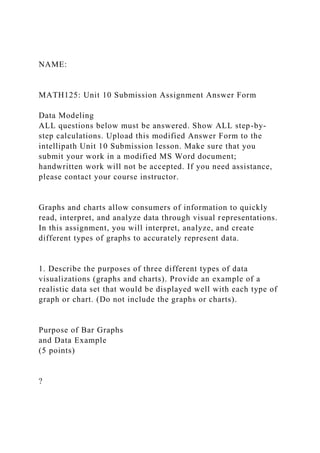 NAME:
MATH125: Unit 10 Submission Assignment Answer Form
Data Modeling
ALL questions below must be answered. Show ALL step-by-
step calculations. Upload this modified Answer Form to the
intellipath Unit 10 Submission lesson. Make sure that you
submit your work in a modified MS Word document;
handwritten work will not be accepted. If you need assistance,
please contact your course instructor.
Graphs and charts allow consumers of information to quickly
read, interpret, and analyze data through visual representations.
In this assignment, you will interpret, analyze, and create
different types of graphs to accurately represent data.
1. Describe the purposes of three different types of data
visualizations (graphs and charts). Provide an example of a
realistic data set that would be displayed well with each type of
graph or chart. (Do not include the graphs or charts).
Purpose of Bar Graphs
and Data Example
(5 points)
?
 