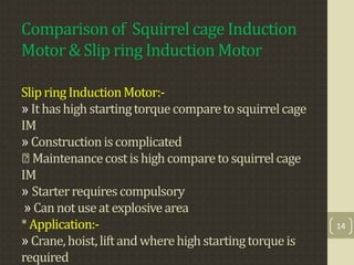 Comparison of Squirrel cage Induction
Motor & Slip ring Induction Motor
SlipringInductionMotor:-
» Ithashigh startingtorquecomparetosquirrelcage
IM
» Constructioniscomplicated
Maintenancecostishighcomparetosquirrelcage
IM
» Starterrequirescompulsory
»Cannotuseatexplosivearea
*Application:-
» Crane,hoist,liftandwherehigh startingtorqueis
required
14
 